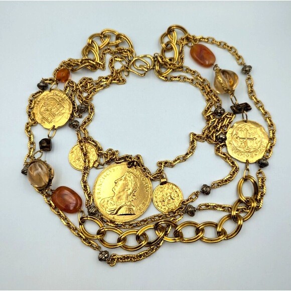 Vintage Les Bernard Gold Tone Multi Stand Coin Lucite Long Statement Necklace - Picture 1 of 16